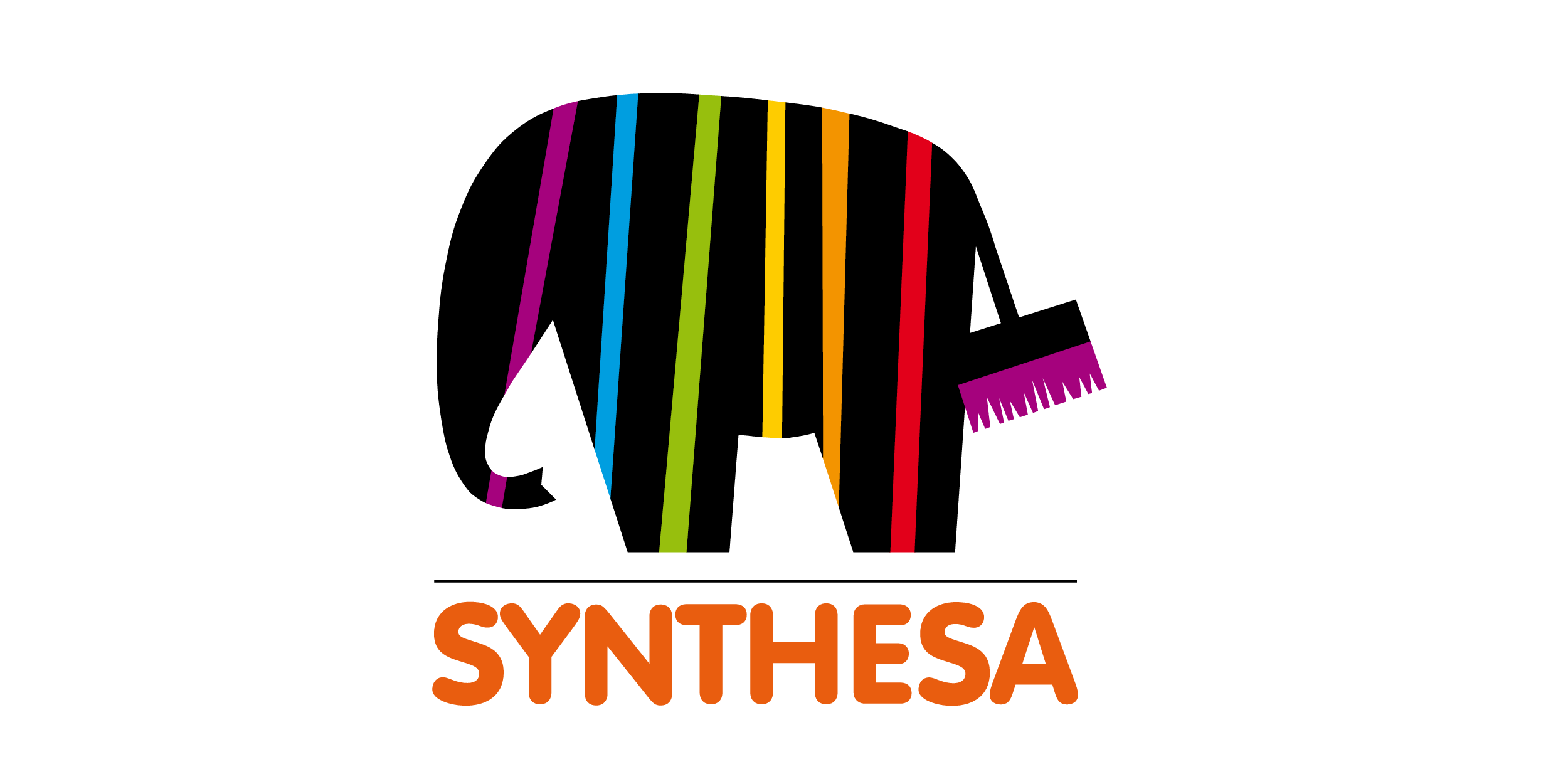 Bunt gestreifte, stilisierte Klaviatur mit buntem Notenstab und dem Schriftzug Synthesa in Orange.
