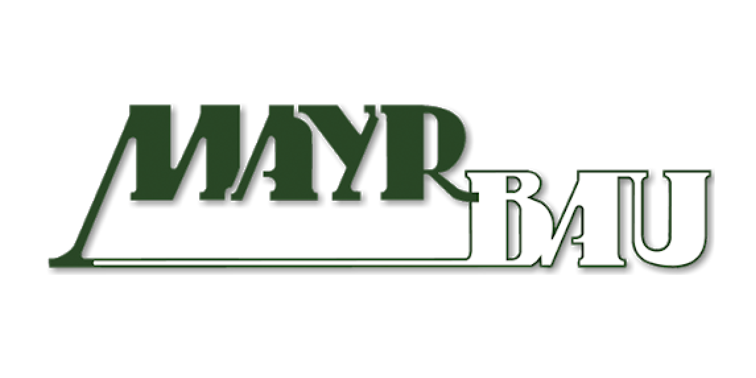 Logo mit dem Text 'Mayr Bau' in großer Schrift, wobei 'Mayr' dunkelgrün und 'Bau' weiß mit grünem Rand ist.