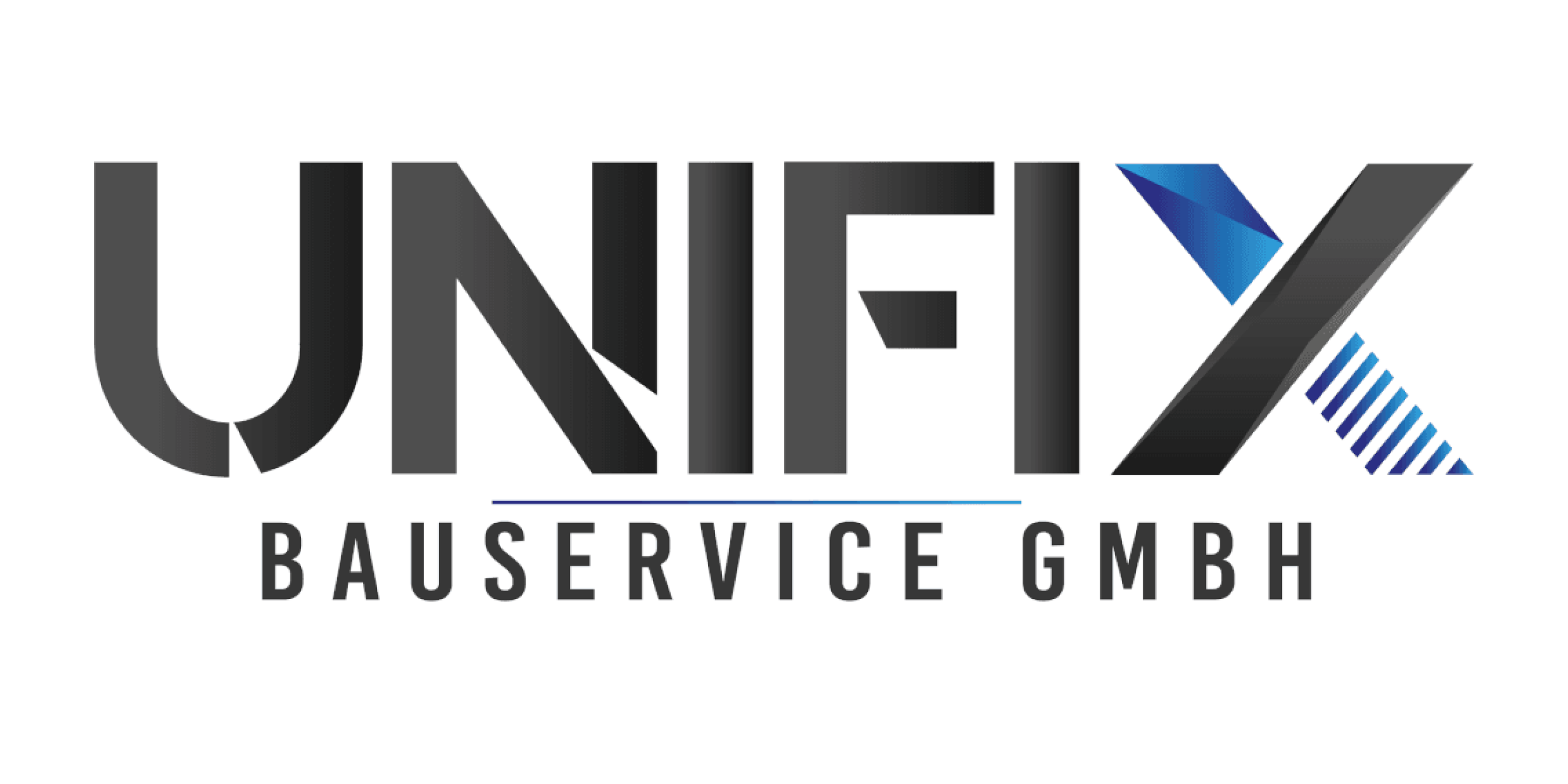 Logo der Firma UNIFIX Bauservice GmbH mit stilisiertem X in Schwarz und Blau.