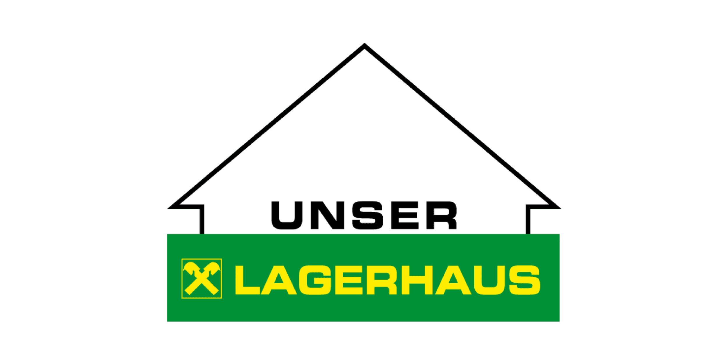 Logo mit der Aufschrift Unser Lagerhaus und zwei gekreuzten gelben Hämmern auf grünem Hintergrund.
