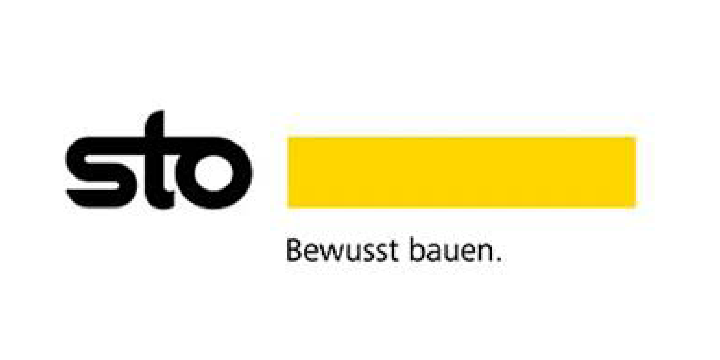 Logo von Sto mit einem gelben Rechteck und dem Slogan Bewusst bauen.