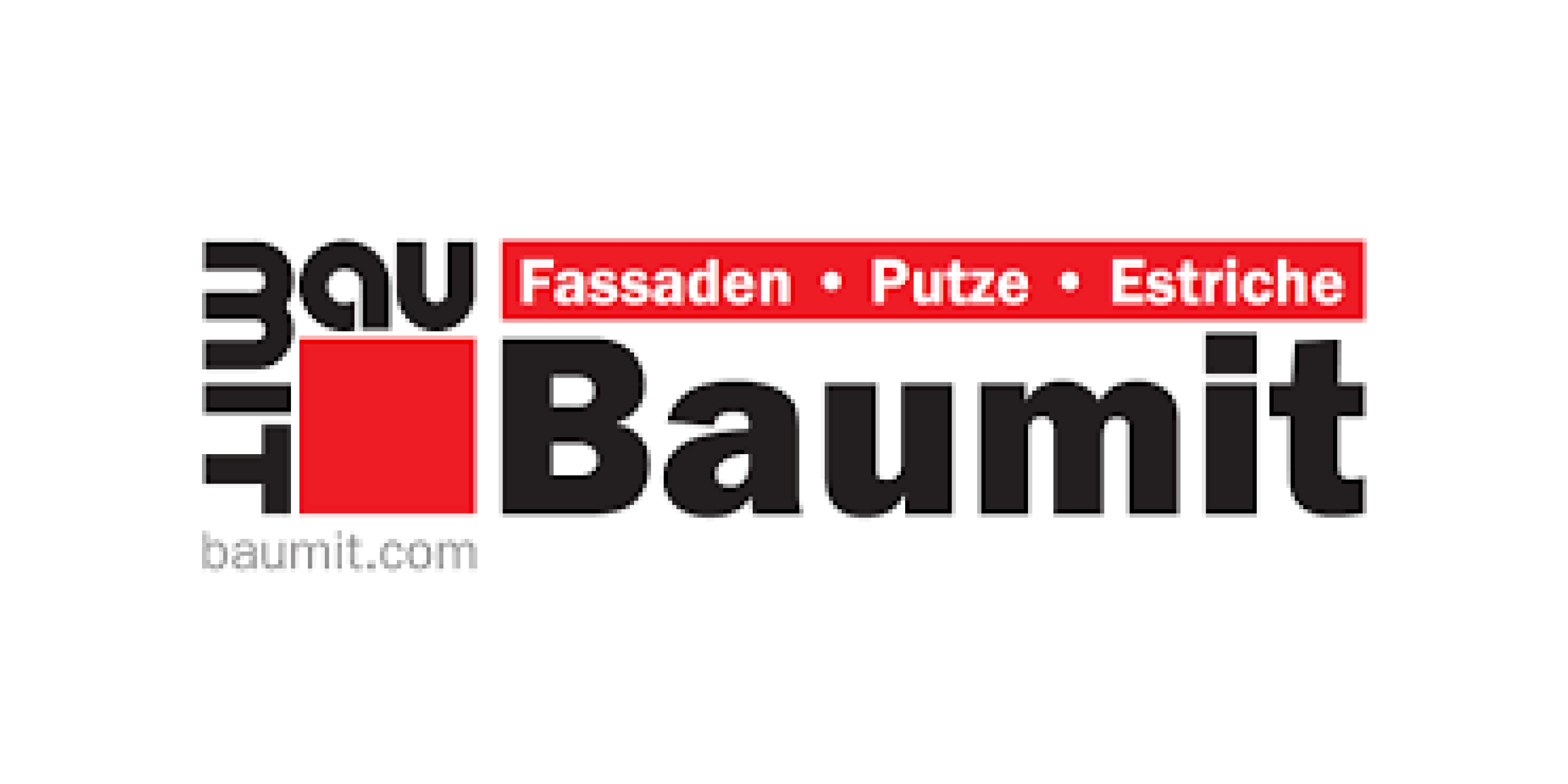 Baumit-Logo mit den Worten Fassaden, Putze, Estriche auf rotem Hintergrund und der Website baumit.com.