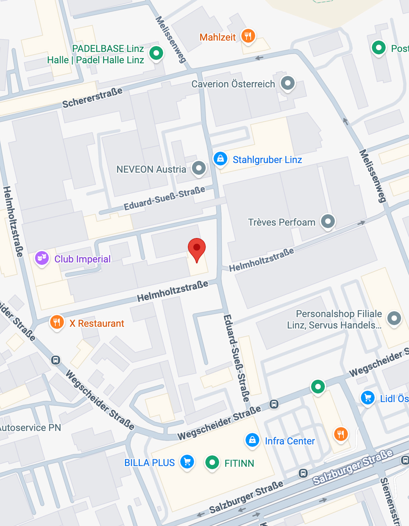 Kartenausschnitt von Linz mit markiertem Standort nahe Helmholtzstraße, Eduard-Sueß-Straße und Wegscheider Straße, inklusive Geschäften und Restaurants.