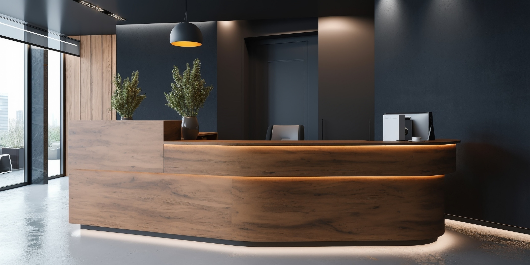Vue d'un espace d'accueil de fiduciaire à Lausanne : comptoir en bois clair impeccable, sol carrelé brillant, quelques plantes vertes soignées, lumière naturelle depuis une grande baie vitrée, ambiance sobre et professionnelle.