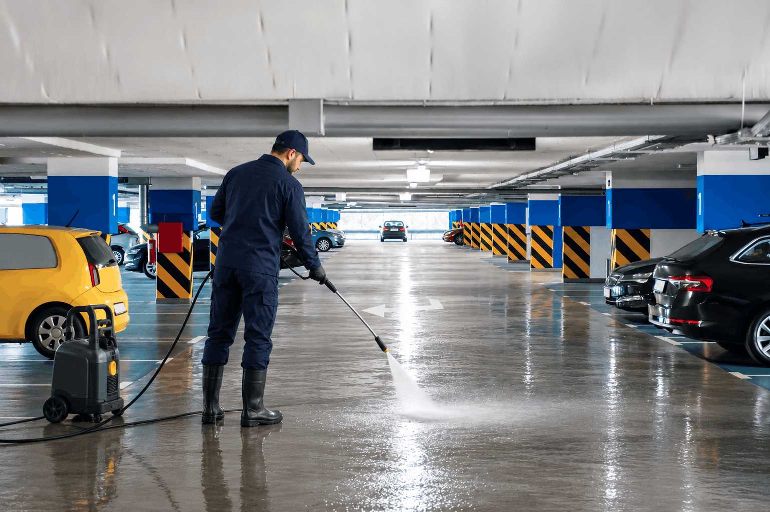 Nettoyage haute pression d'un sol de parking en béton, jet d'eau puissant retirant taches et résidus, équipement professionnel, ambiance technique et efficace.