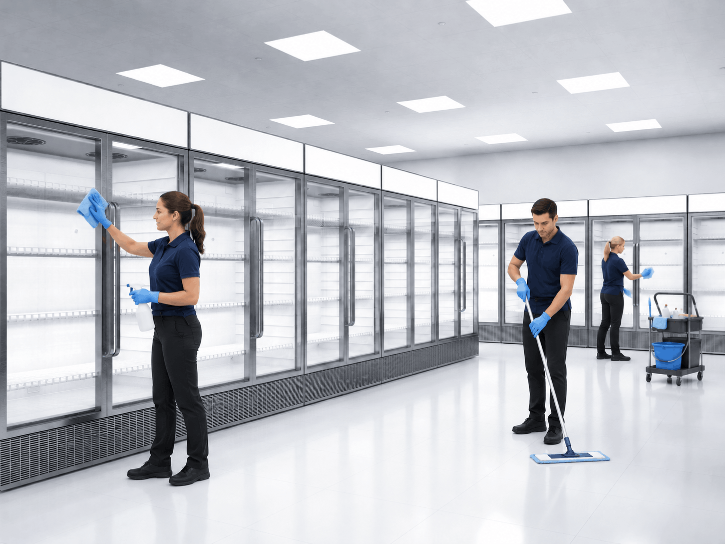 Équipe de nettoyage professionnel en intervention dans un local commercial vide, matériel professionnel, gestes méthodiques, ambiance rigoureuse et organisée.