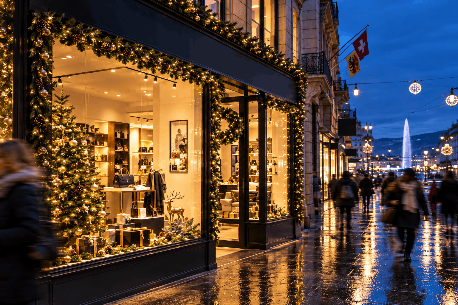 Devanture d'une boutique élégante dans une rue commerçante du centre de Genève à la tombée de la nuit, fin novembre : vitrine décorée pour les fêtes, vitrage parfaitement net, seuil propre malgré le trottoir mouillé, passants flous en mouvement. Lumière chaude de l'intérieur contrastant avec le bleu du soir, cadrage de trois quarts.