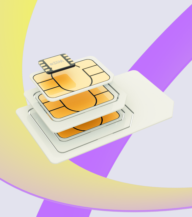 Stack of SIM cards in various sizes with an eSIM chip on top against a background with yellow and purple curved shapes.