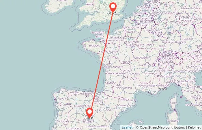 Map showing a direct red line connecting London, UK to Madrid, Spain.