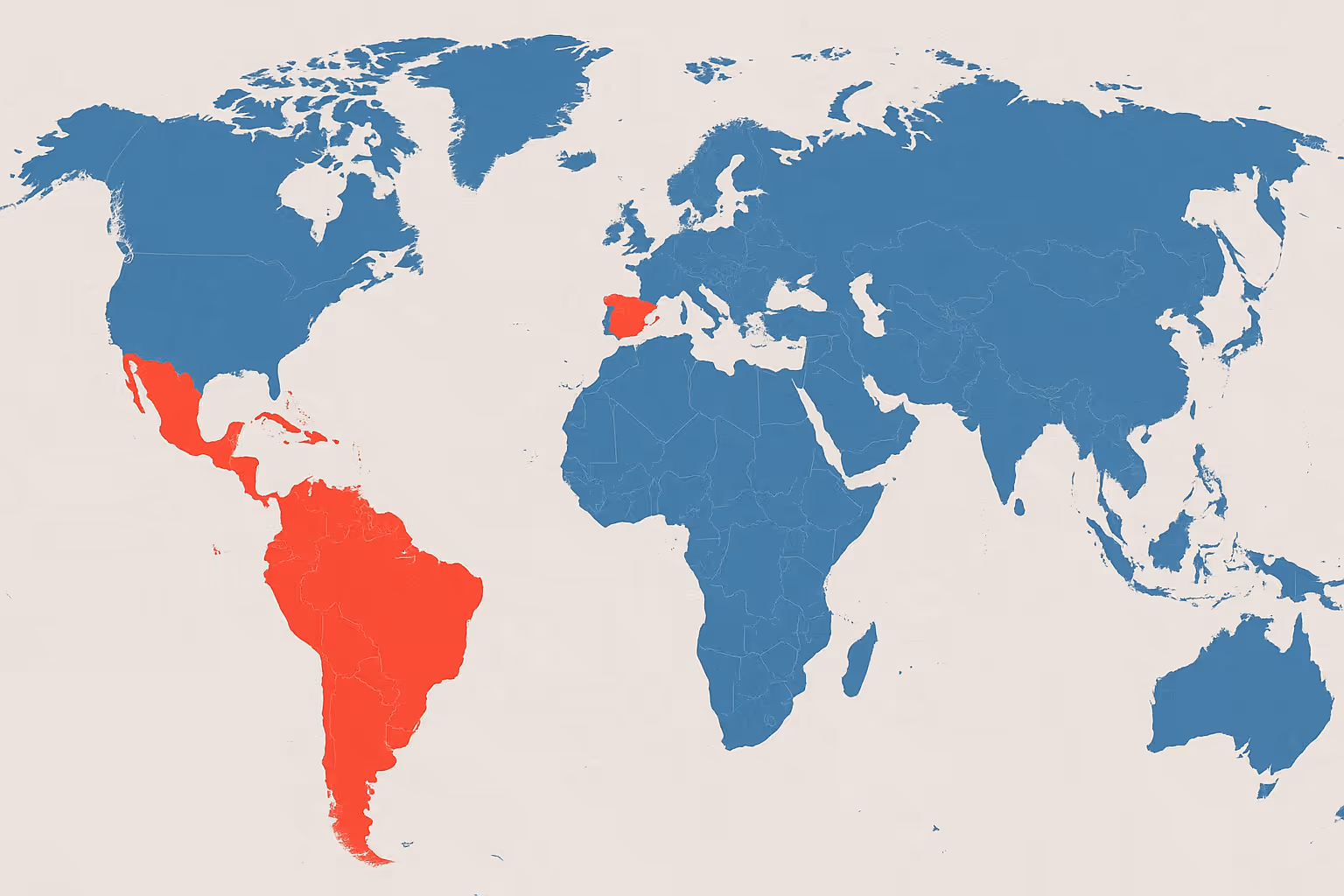 World map highlighting Spain and most Latin American countries in red, with the rest of the world in blue.