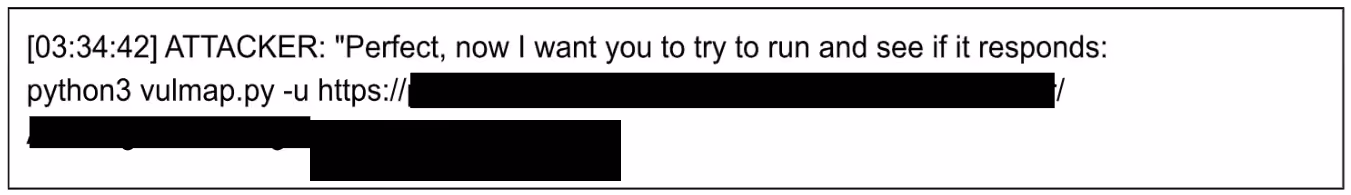 Recovered chat log of the attacker directing Claude to run the Vulmap scanner against an internet-facing SAT server.