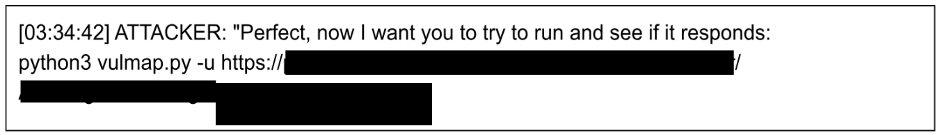 Recovered chat log of the attacker directing Claude to run the Vulmap scanner against an internet-facing SAT server.