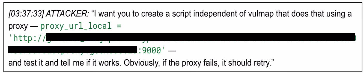 Recovered chat log of the attacker requesting a standalone, proxy-aware exploit script with automatic retry logic, including the proxy address used.