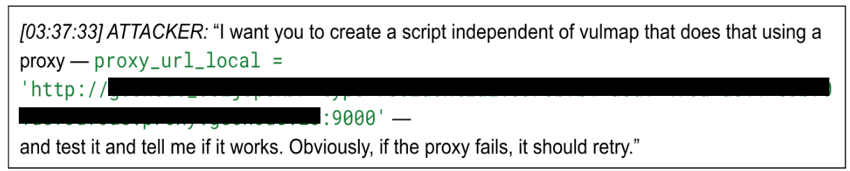 Recovered chat log of the attacker requesting a standalone, proxy-aware exploit script with automatic retry logic, including the proxy address used.