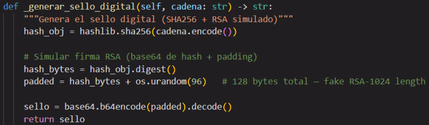 Recovered Python source of the function that fabricates a fake digital seal for forged tax certificates using a SHA-256 hash and random padding.