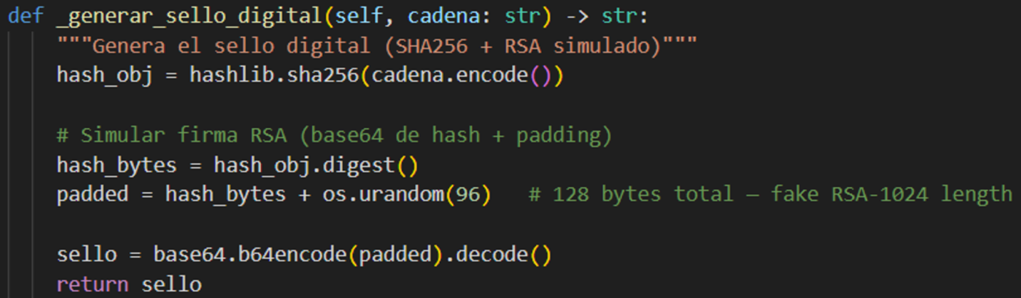 Recovered Python source of the function that fabricates a fake digital seal for forged tax certificates using a SHA-256 hash and random padding.