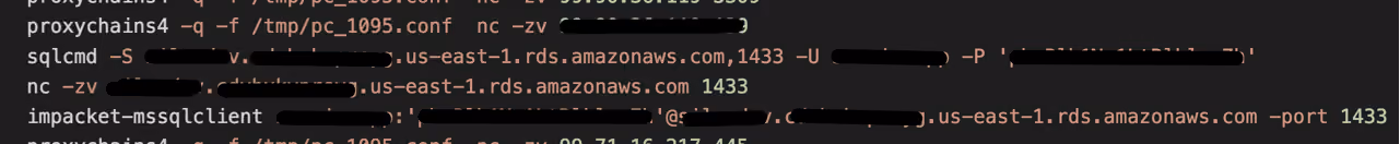 Recovered terminal commands showing a connection to an AWS-hosted Microsoft SQL Server database using credentials found on previously compromised servers.