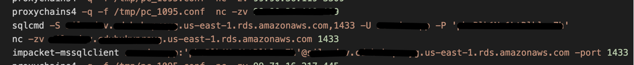 Recovered terminal commands showing a connection to an AWS-hosted Microsoft SQL Server database using credentials found on previously compromised servers.