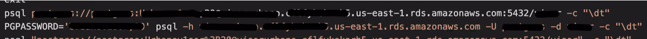 Recovered terminal commands showing a connection to an AWS-hosted PostgreSQL database using the same harvested credentials.