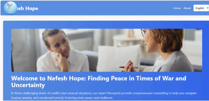 Screenshot of the nefeshhope[.]com homepage, a fake trauma-support portal titled 'Welcome to Nefesh Hope: Finding Peace in Times of War and Uncertainty.'