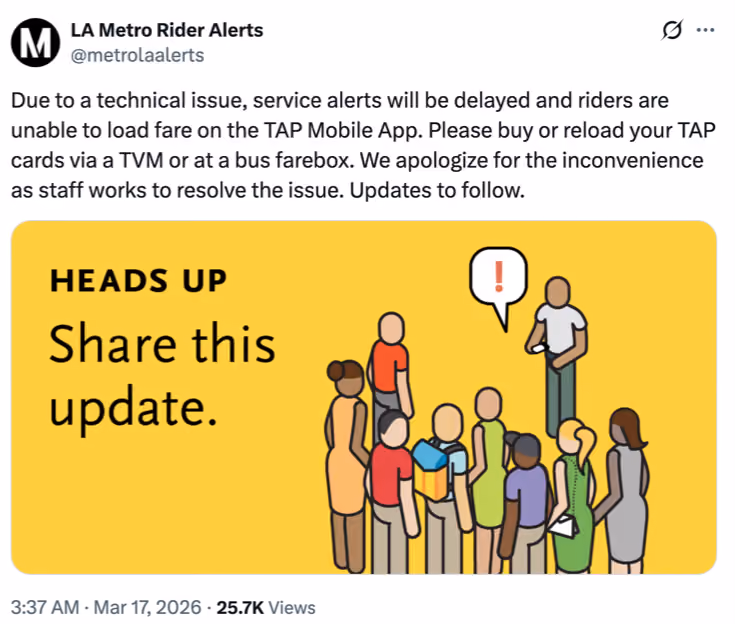 Screenshot of LA Metro's official Twitter account announcing a technical issue that delayed service alerts and blocked riders from loading fare on the TAP Mobile App.