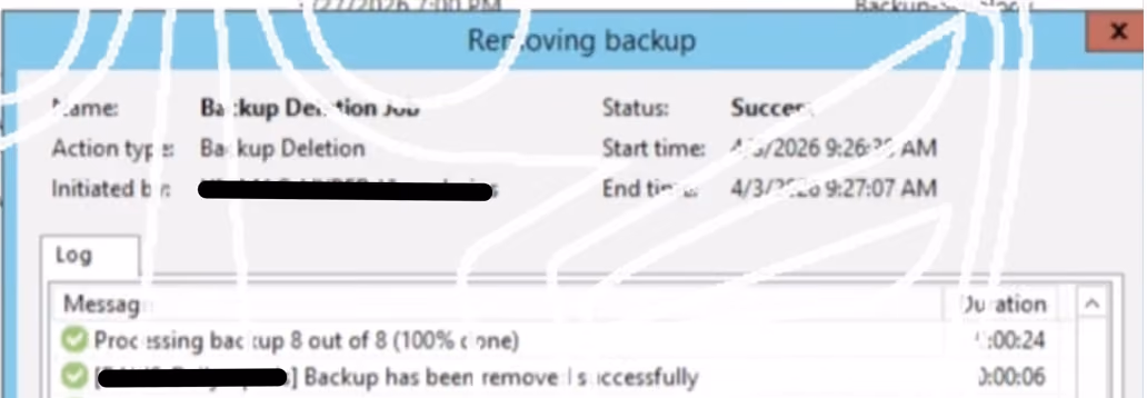 Recovered Veeam Backup & Replication dialog confirming a Backup Deletion Job succeeded, processing 8 of 8 backups and removing them from disk.