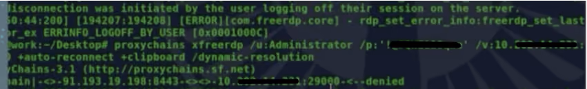 Recovered terminal output showing proxychains relaying an xfreerdp session to a South Florida Regional Transportation Authority host through 91.193.19.198:8443.