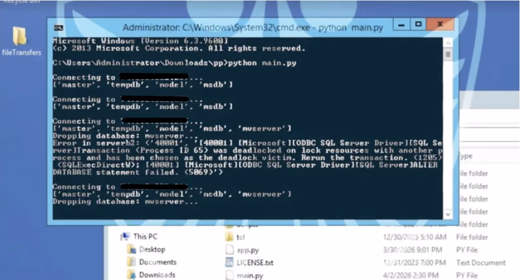 Recovered terminal session running python main.py, showing the script connecting to SQL Server instances and dropping the mvserver2 database.