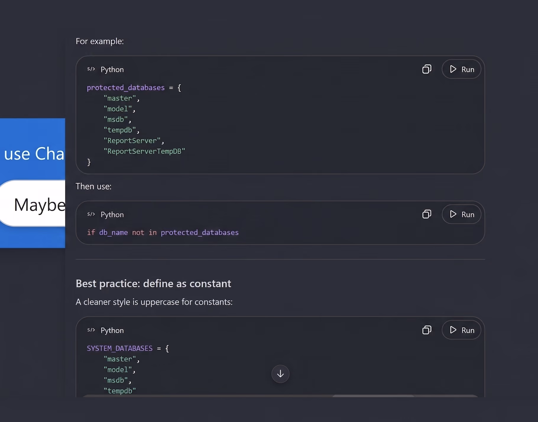Recovered ChatGPT conversation suggesting a protected_databases exclusion list and an 'if db_name not in protected_databases' check to keep main.py from targeting SQL Server system databases.