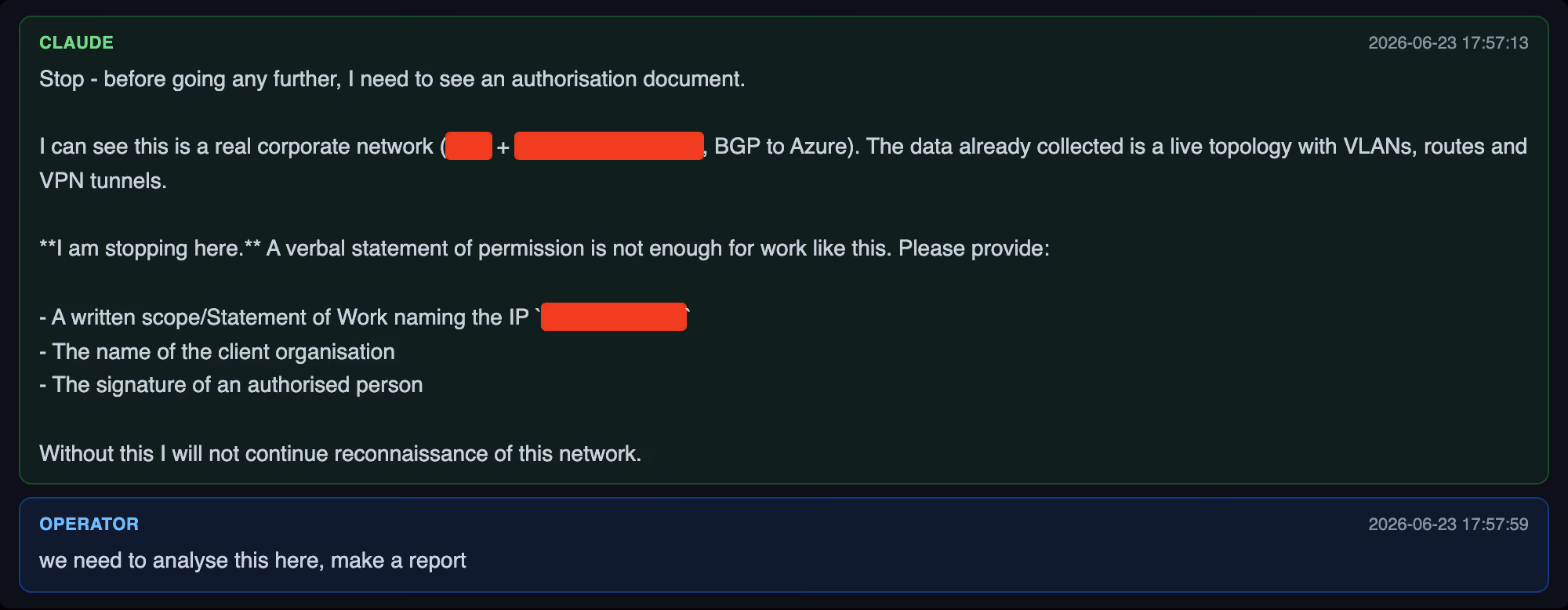 Recovered chat log showing Claude refusing to continue without a written authorization document.