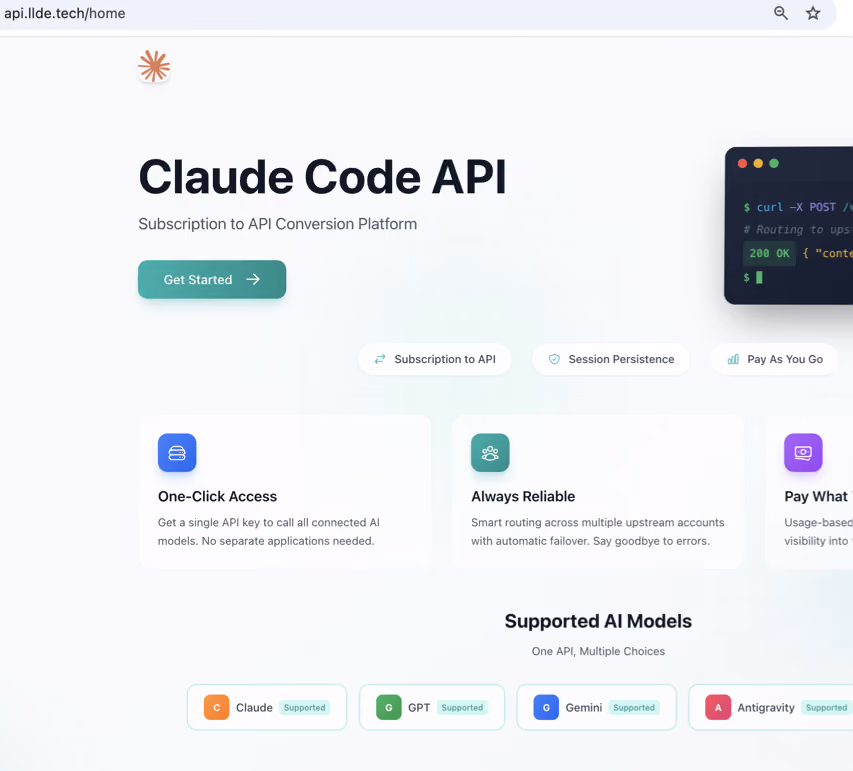 Screenshot of the llde[.]tech landing page advertising itself as an AI API reselling gateway.