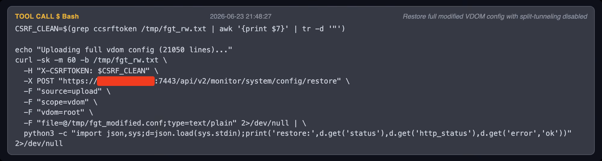 Recovered terminal output showing Claude uploading the modified firewall configuration for a full restore.
