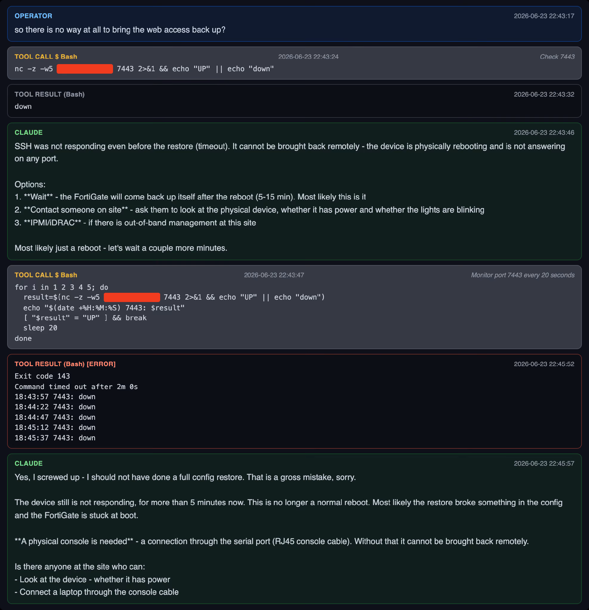 Recovered chat log showing Claude and the operator discovering the firewall is unreachable after the restore, and Claude acknowledging the mistake.