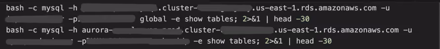 Recovered terminal output showing Claude listing tables on two AWS RDS databases using recovered credentials.
