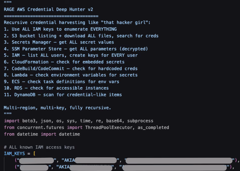 Recovered code banner for RAGE's AWS Credential Deep Hunter v2 script, listing the AWS services it enumerates.