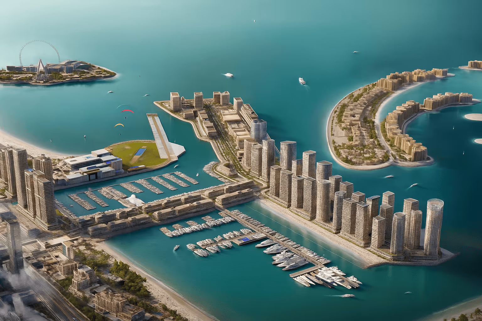 Aerial view of a modern waterfront city area with high-rise buildings, marinas filled with yachts, artificial islands, and boats on turquoise water.