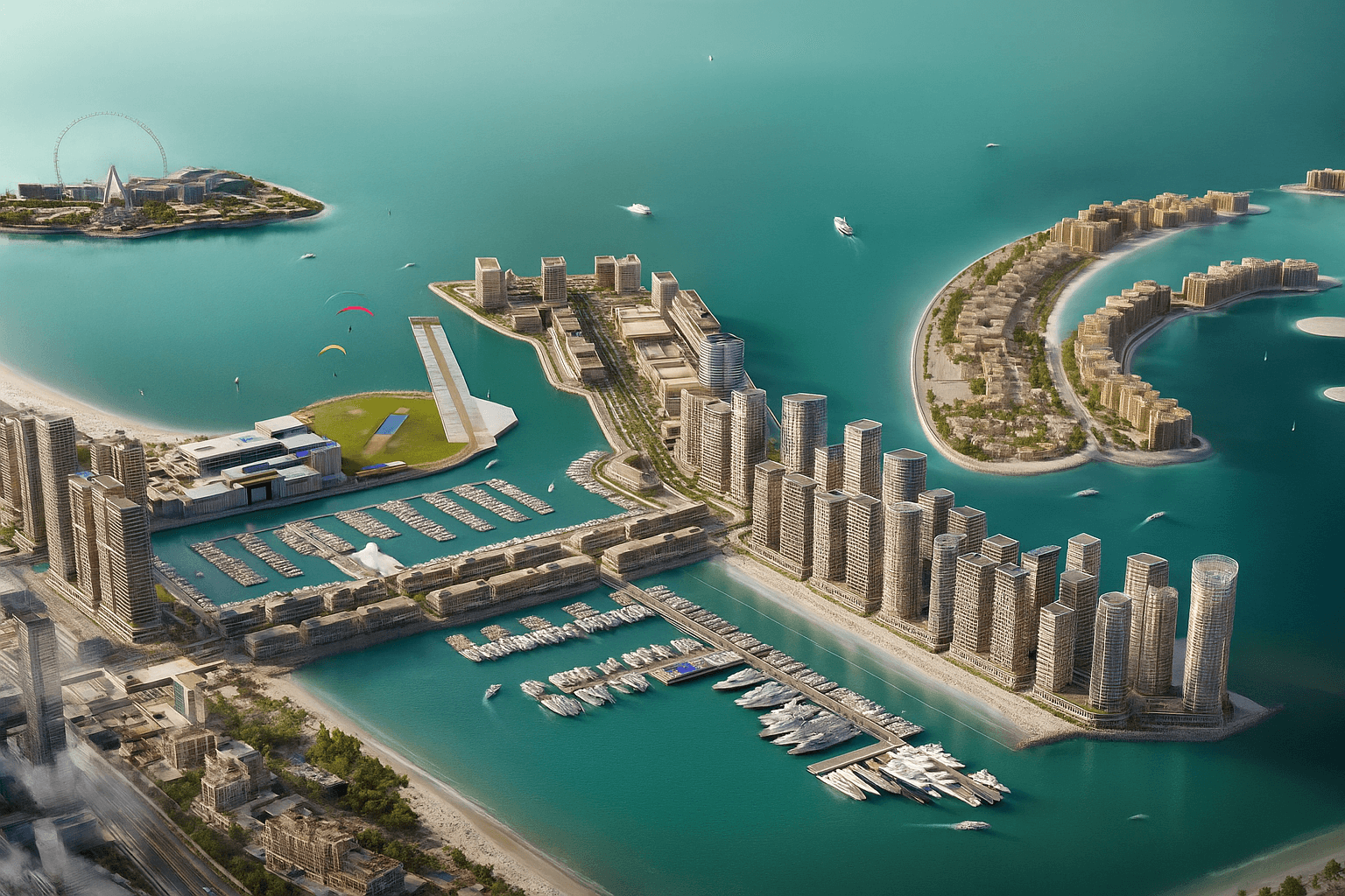 Aerial view of a modern waterfront city area with high-rise buildings, marinas filled with yachts, artificial islands, and boats on turquoise water.