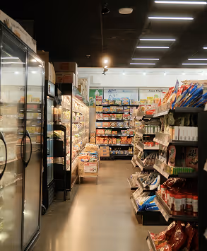 A grocery store aisle with shelves stocked with various packaged foods and refrigerated items.
