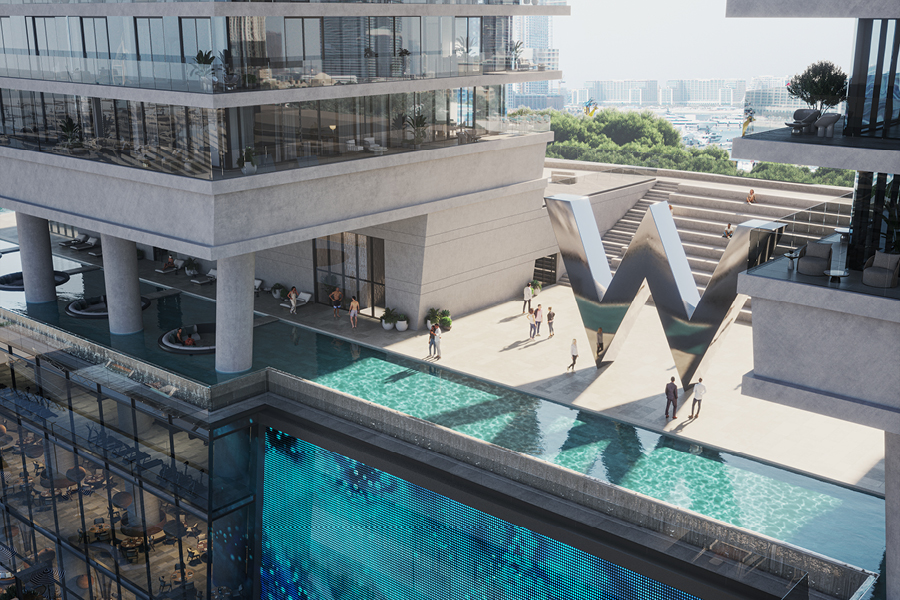 Modern building terrace with a large reflective silver letter W sculpture, a swimming pool, and people walking and relaxing.