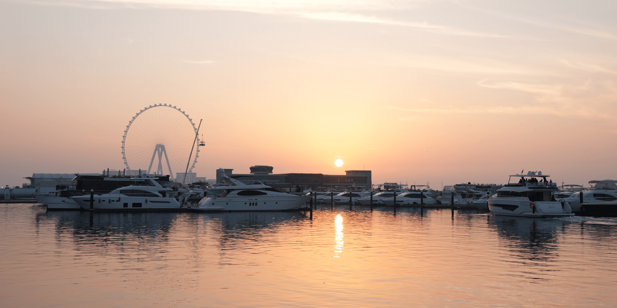 Marina at sunset with yachts docked and a large Ferris wheel in the background.