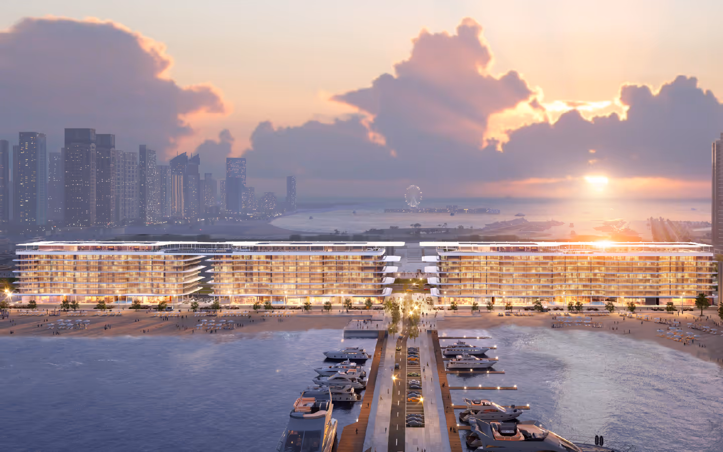 A large building with a boat docked in front of it.