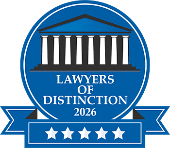 Badge with a courthouse icon and text Lawyers of Distinction 2026 above five white stars on a blue ribbon.
