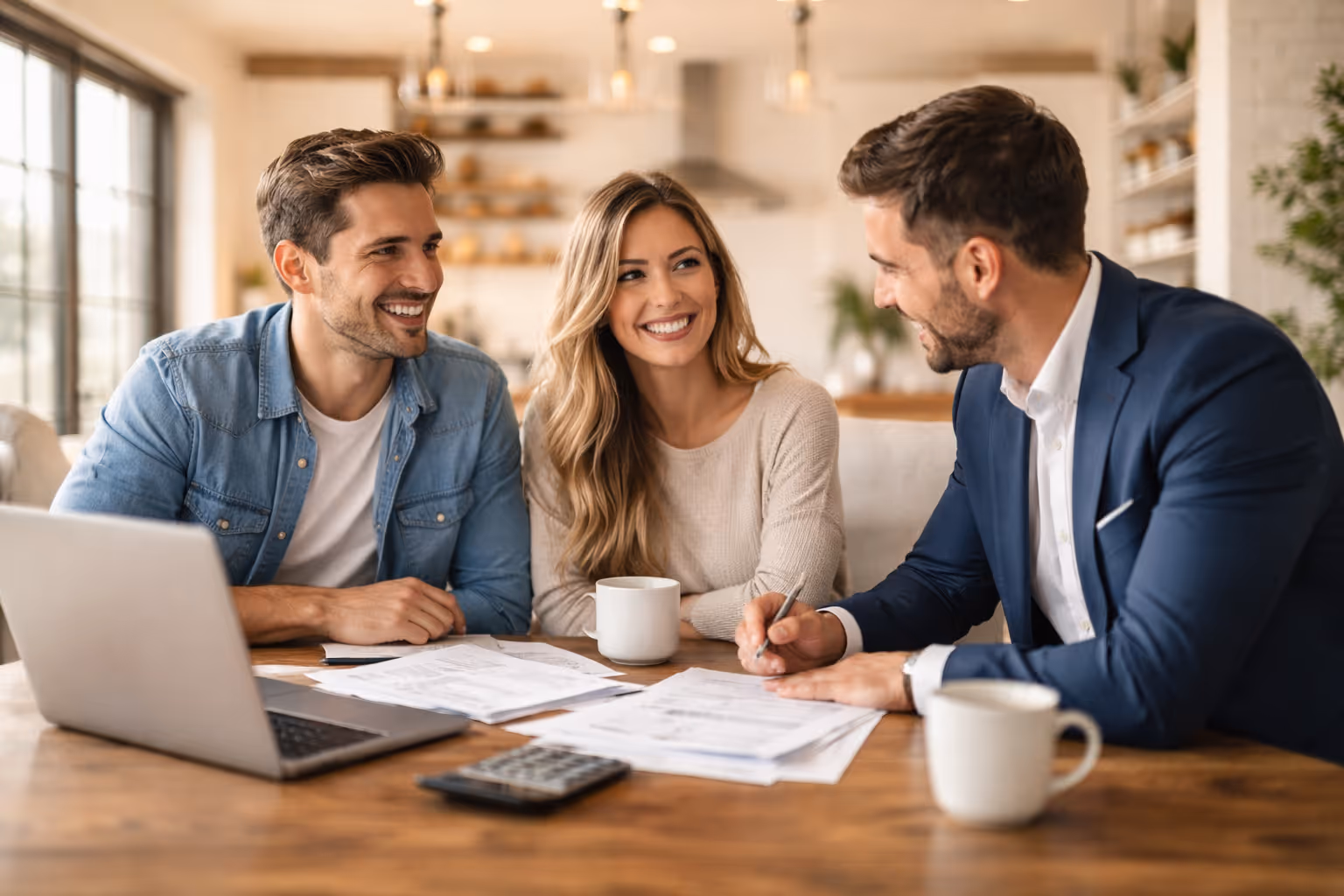 Three people smiling and discussing documents at a wooden table with a laptop and coffee cups in a bright room.