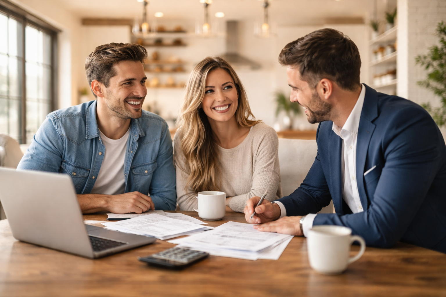 Three people smiling and discussing documents at a wooden table with a laptop and coffee cups in a bright room.