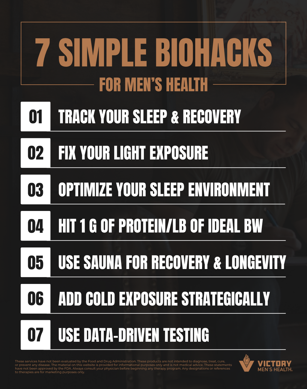 Infographic showing 7 simple biohacks for men’s health including sleep tracking, light exposure, sleep environment, protein intake, sauna use, cold exposure, and data-driven testing