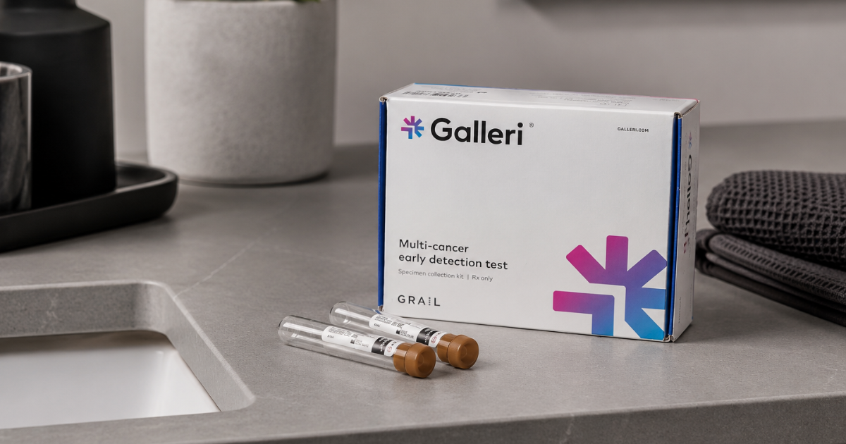 Galleri cancer screening test for early detection sitting on a countertop