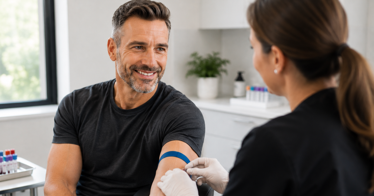 Healthy man having a routine blood draw during a preventive cancer screening appointment